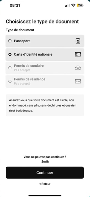Choix du document d'identité sur Finst