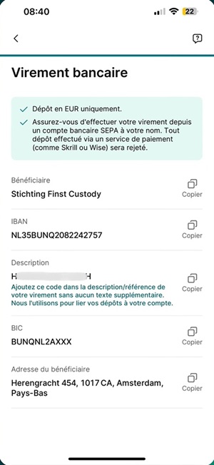 Dépôt par virement bancaire instantané sur Finst