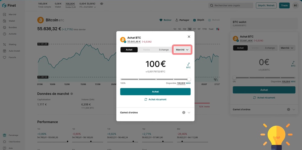 Carnet d'ordres et spread du Bitcoin sur Finst