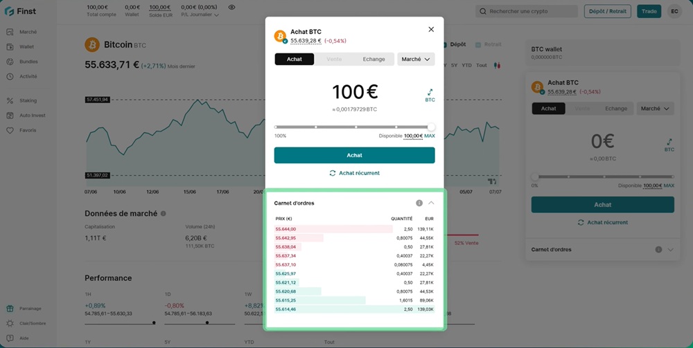 Saisie du montant d'achat de Bitcoin sur Finst