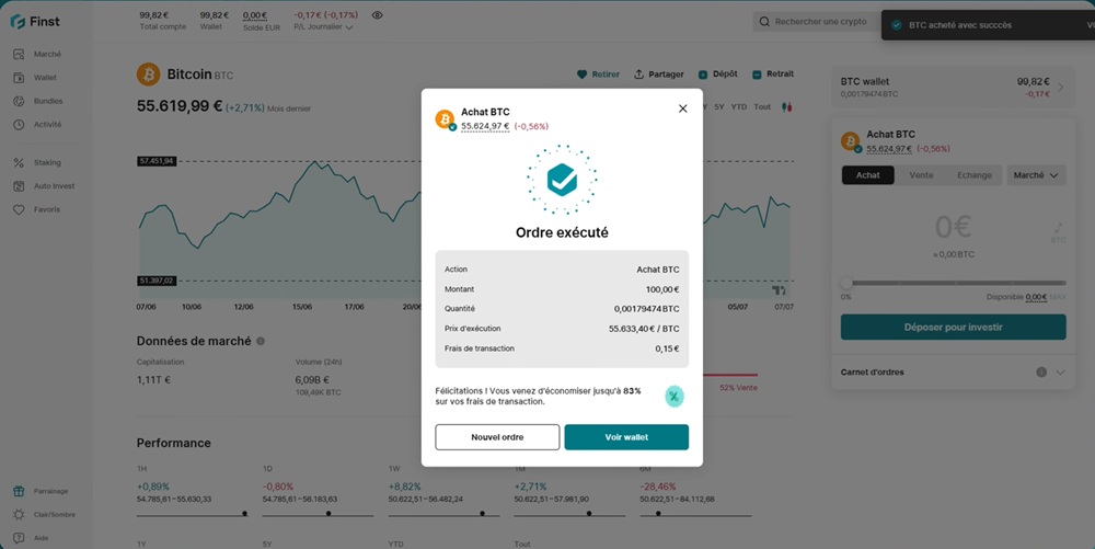 Confirmation de l'ordre d'achat de Bitcoin sur Finst