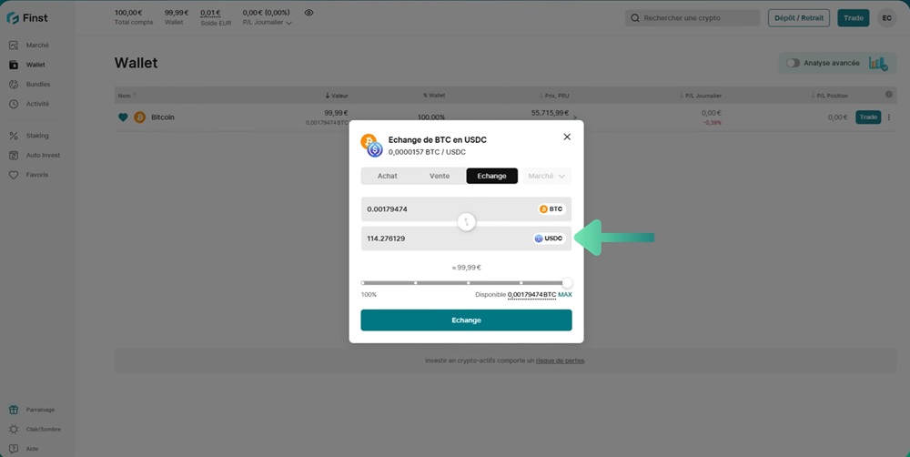 Module d'échange BTC vers USDC sur Finst