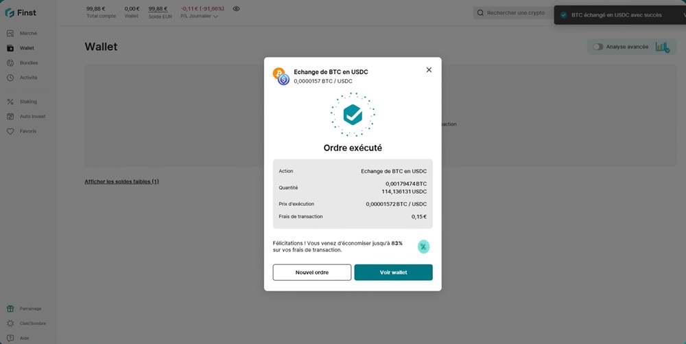 Confirmation de la conversion en USDC sur Finst