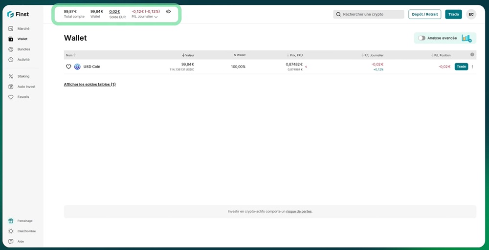 Wallet Finst avec le solde converti en USDC