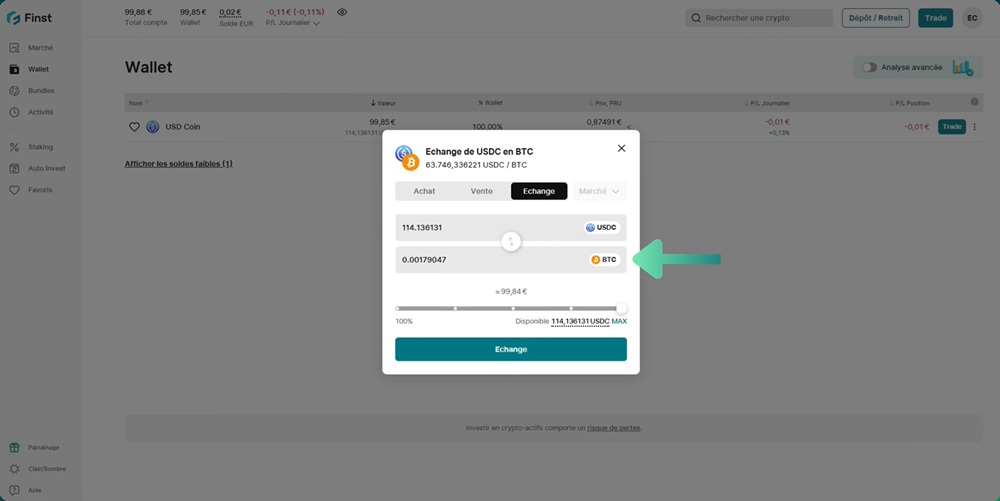 Reconversion des USDC en Bitcoin sur Finst