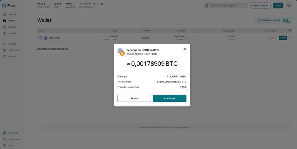 Confirmation de la reconversion en Bitcoin sur Finst