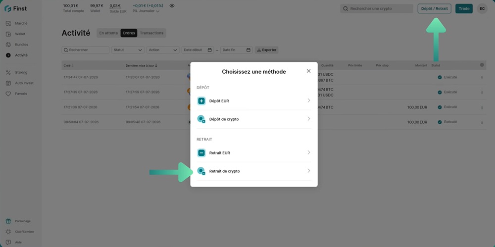 Module de retrait de crypto sur Finst