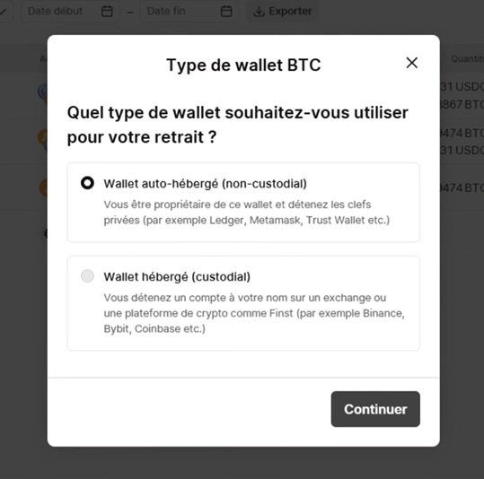 Choix du type de retrait en wallet sur Finst