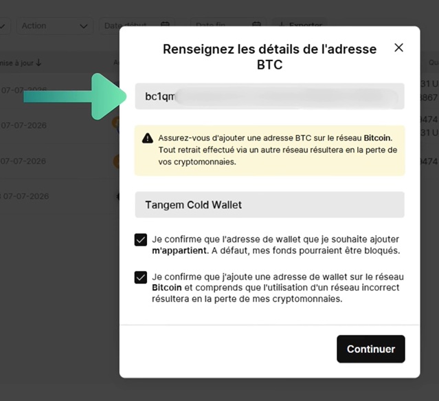 Ajout de l'adresse du wallet externe sur Finst