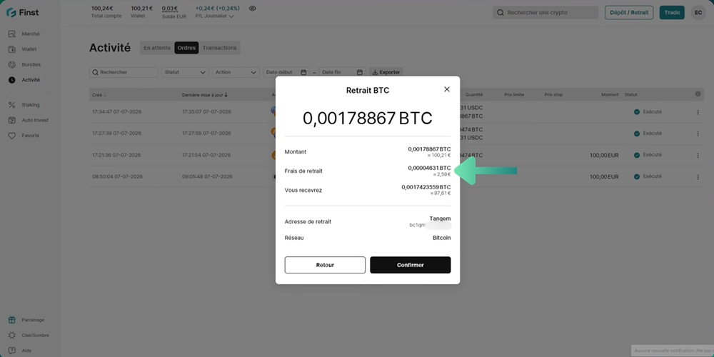 Détail des frais de retrait crypto sur Finst