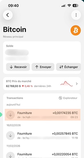 Bitcoin reçus sur le cold wallet Tangem depuis Finst