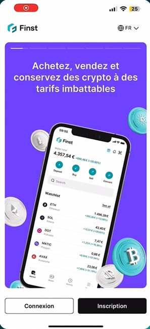 Écran de démarrage de l'application Finst