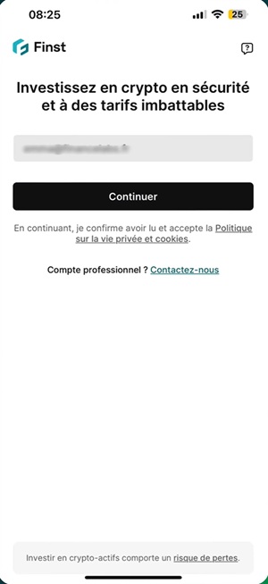 Saisie de l'adresse email sur Finst