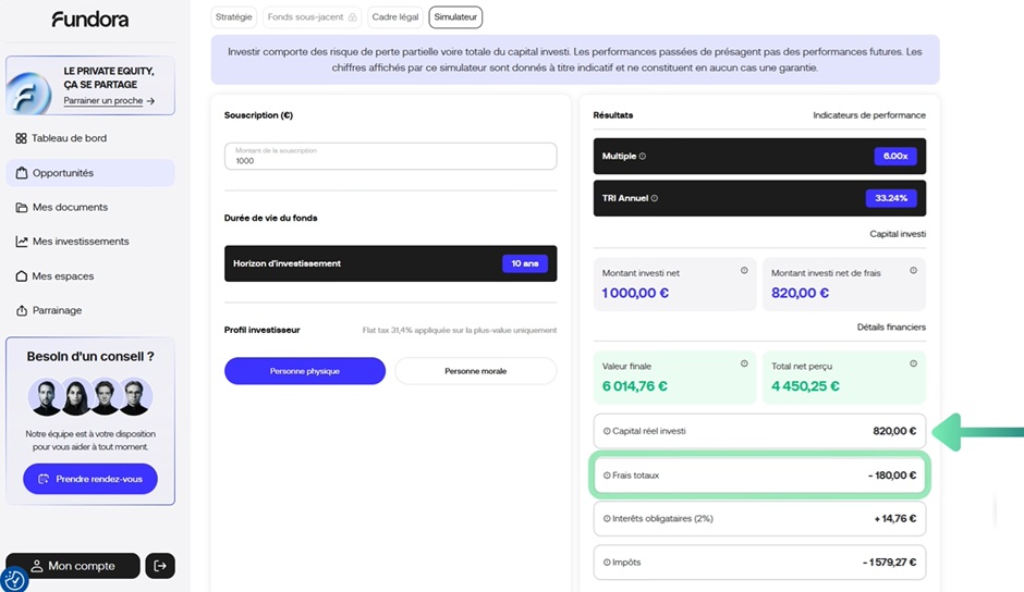 Simulateur de frais et fiscalité sur Fundora