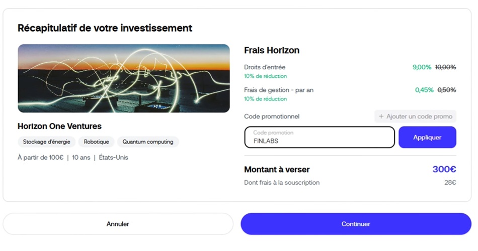 Récapitulatif d'investissement Fundora avec code promo FINLABS