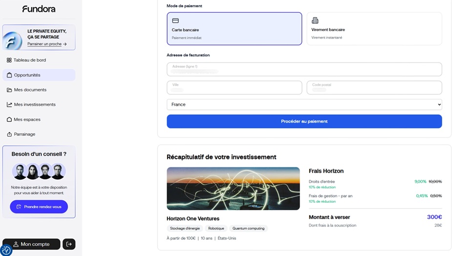Paiement de mon premier investissement en Private Equity sur Fundora