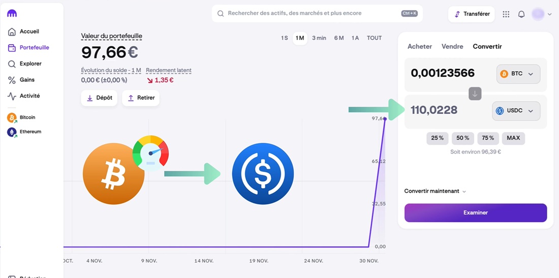 Conversion Bitcoin en stablecoin USDC sur Kraken