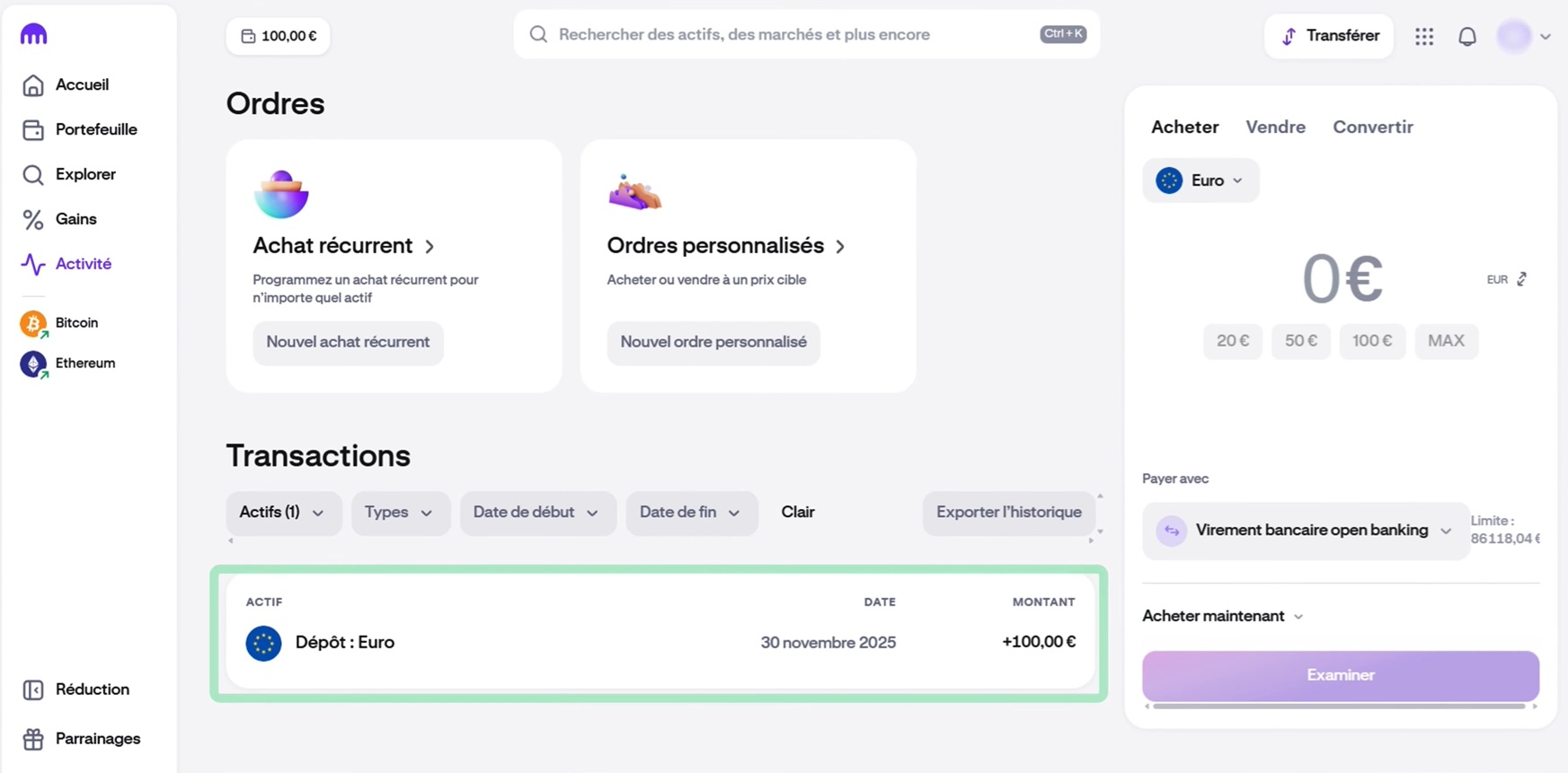 Kraken déposer de l'argent