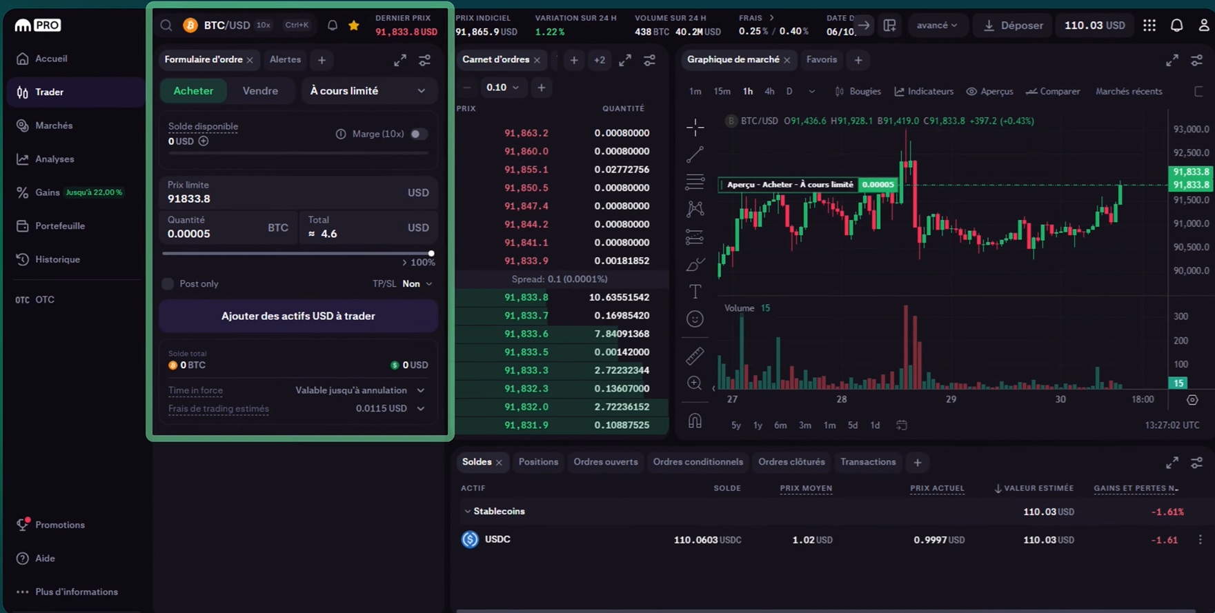 Kraken Pro passer un ordre