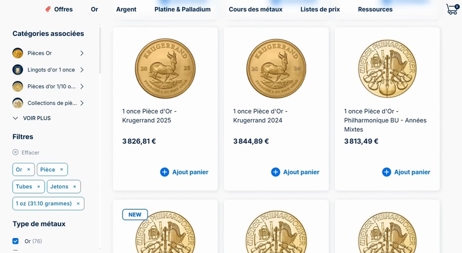 Catalogue des pièces d'or sur Gold Avenue