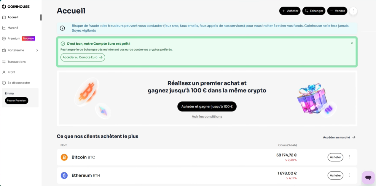 Validation compte euro Coinhouse