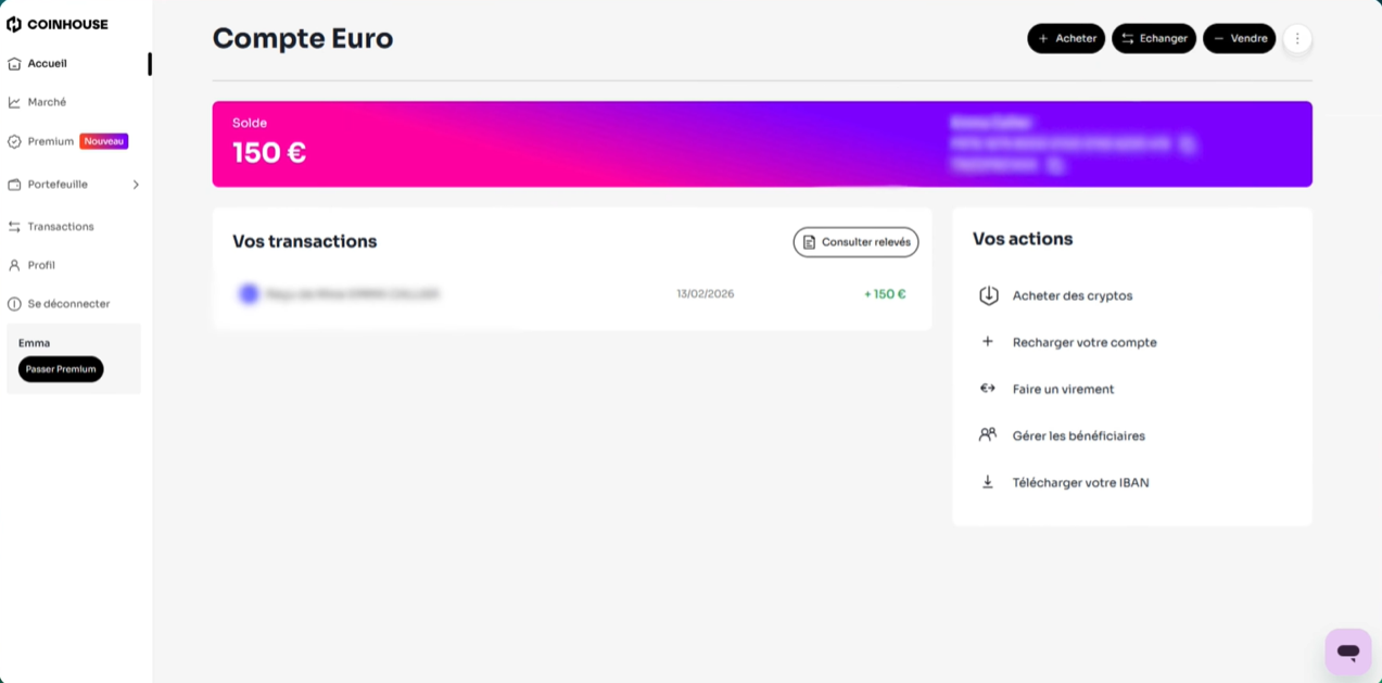 Dépot IBAN compte euro Coinhouse