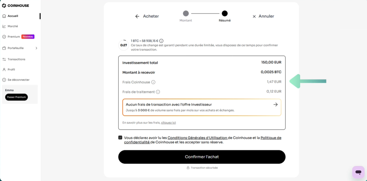 Confirmation frais crypto Coinhouse