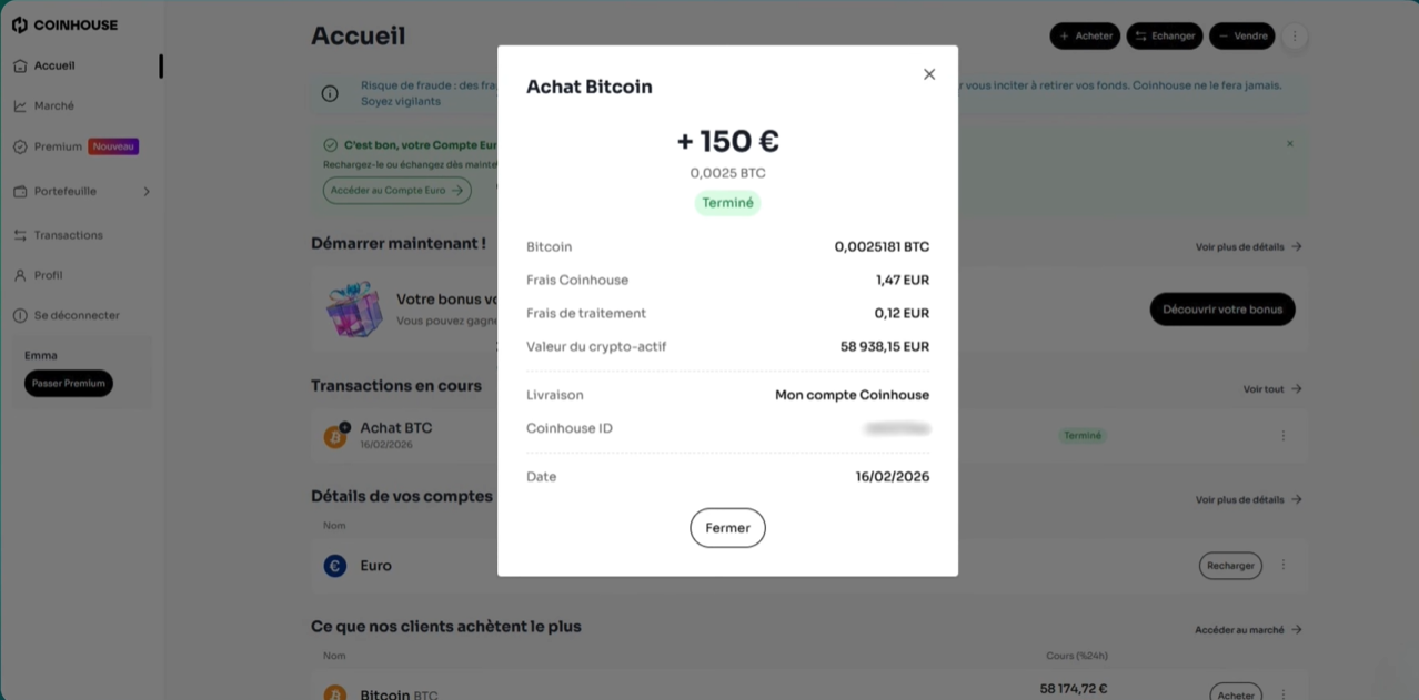 Achat Bitcoin effectué Coinhouse