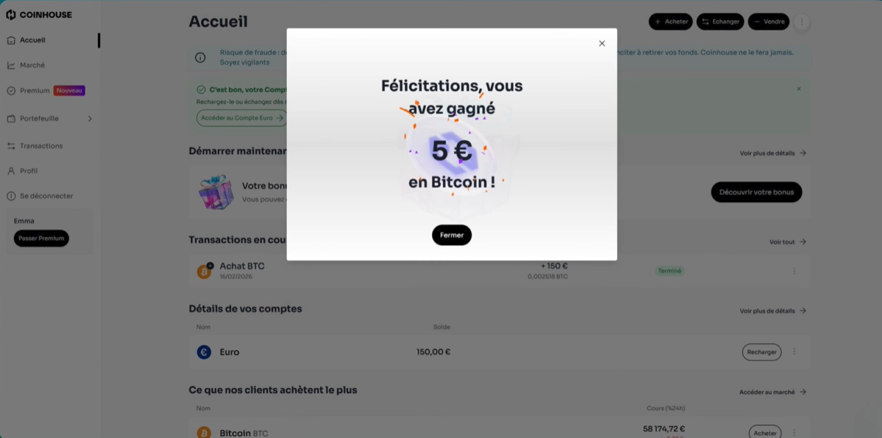 Offre bienvenue Coinhouse