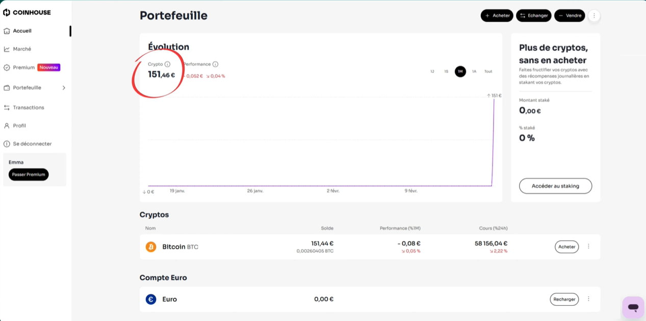 Interface portefeuille Coinhouse