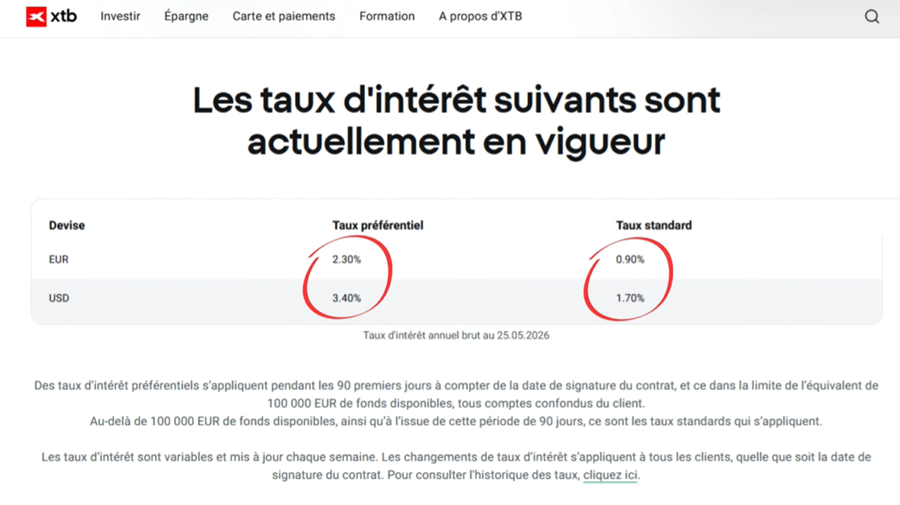 Liquidités rémunérées sur XTB