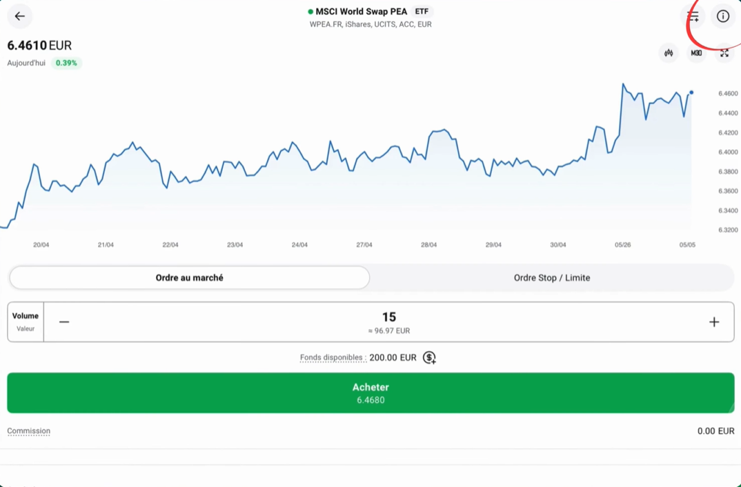 Tutoriel XTB : page d'un ETF avant le passage d'ordre